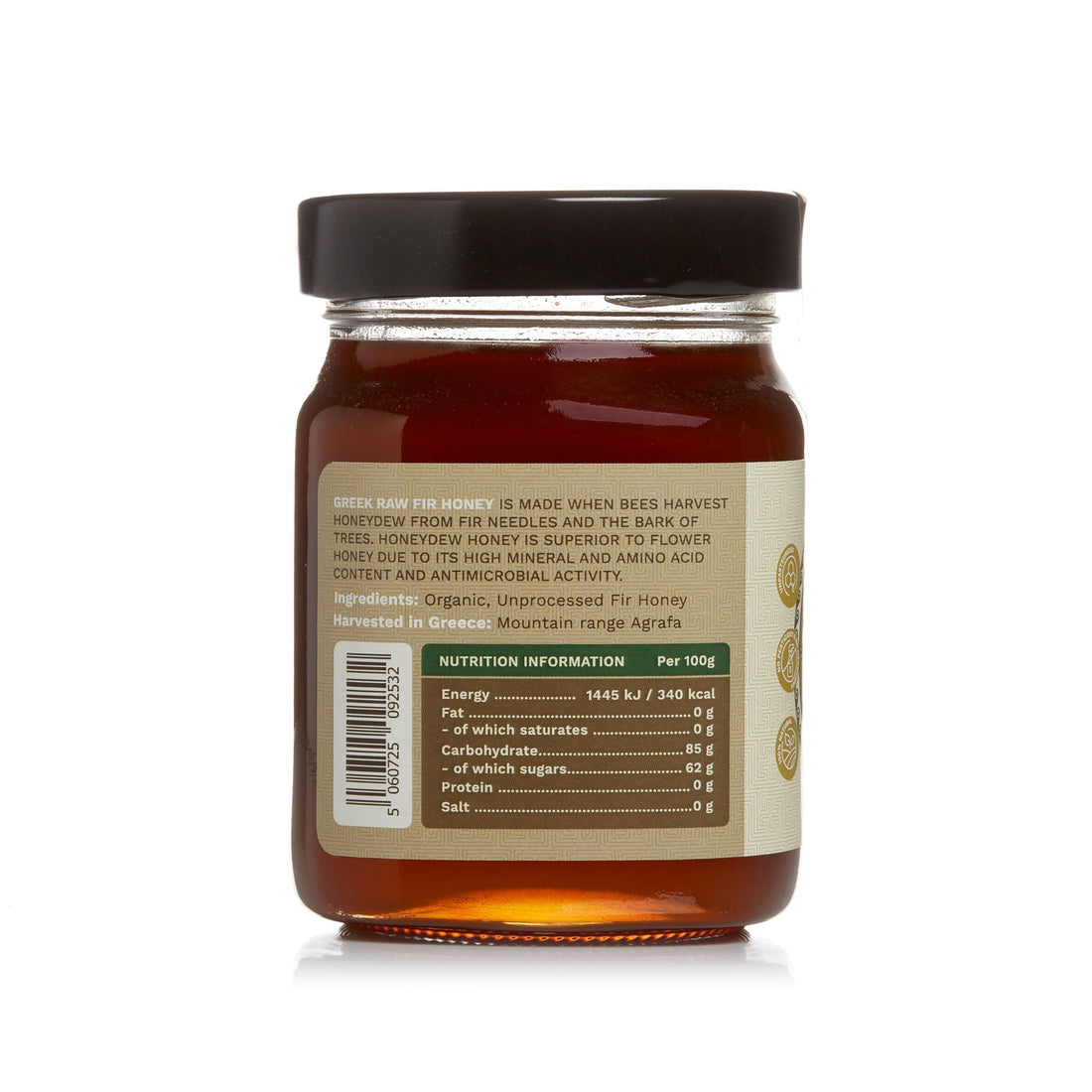 Organic Raw Greek Fir Honeydew Honey 450g, side label with ingredients and nutrition facts