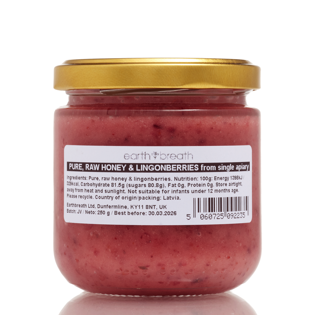 Raw Honey with Lingonberries 250g, back label with ingredients and nutrition – Earthbreath