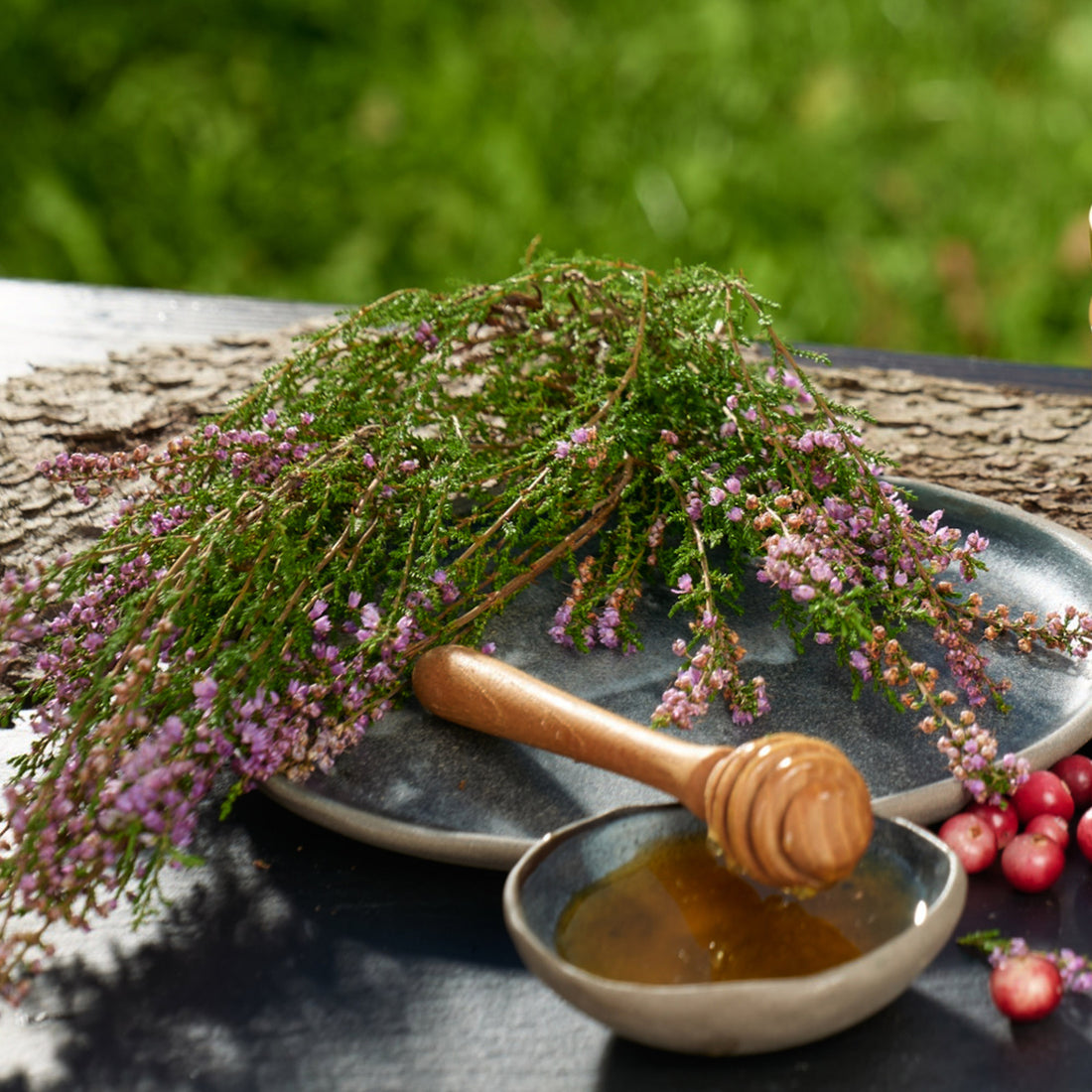 Flowering heather sprigs on a grey plate, a honey dipper resting in a small bowl of honey, red berries nearby