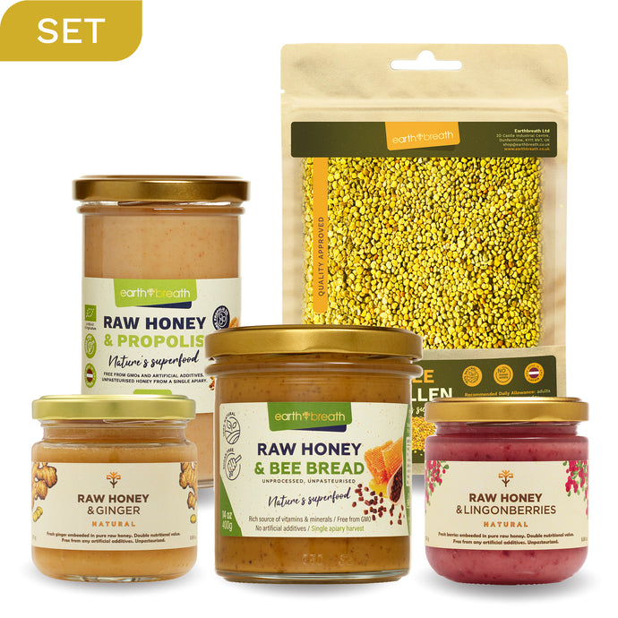 Spring Antiviral Immunity Set - Organic Honey with Raw Propolis, Bee Pollen, Honey with Bee Bread, Honey with Ginger, Honey with Lingonberries