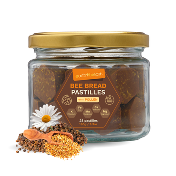 Bee Bread and Bee Pollen Pastilles 150g jar with bee pollen and a daisy – Earthbreath
