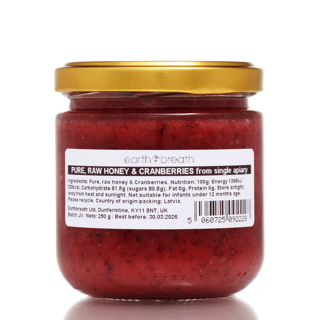 Raw Honey with Cranberries 250g, back label – Earthbreath