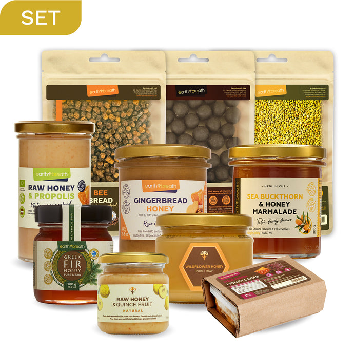 Complete Product Family Set - Heather Honeycomb, Wildflower Raw Honey, Bee Bread, Honey with Rowanberries, Bee Pollen, Greek Fir Honey, Sea Buckthorn Marmalade, Honey with Raw Propolis, Chocolate Balls, Gingerbread Honey.