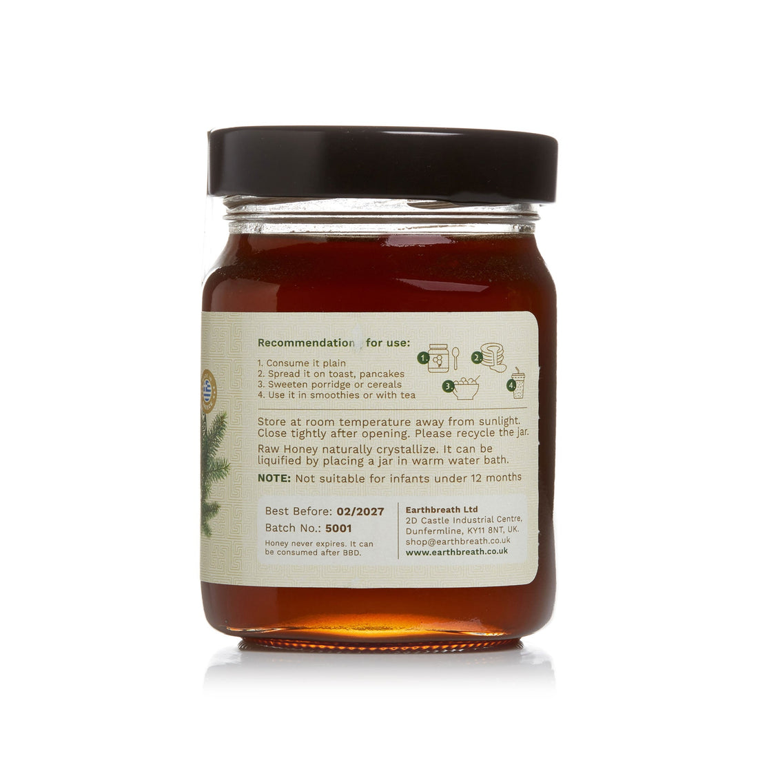 Organic Raw Greek Fir Honeydew Honey 450g, side label with usage and storage tips