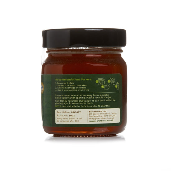 Organic Raw Greek Forest Honeydew Honey 280g, side label with usage and storage tips