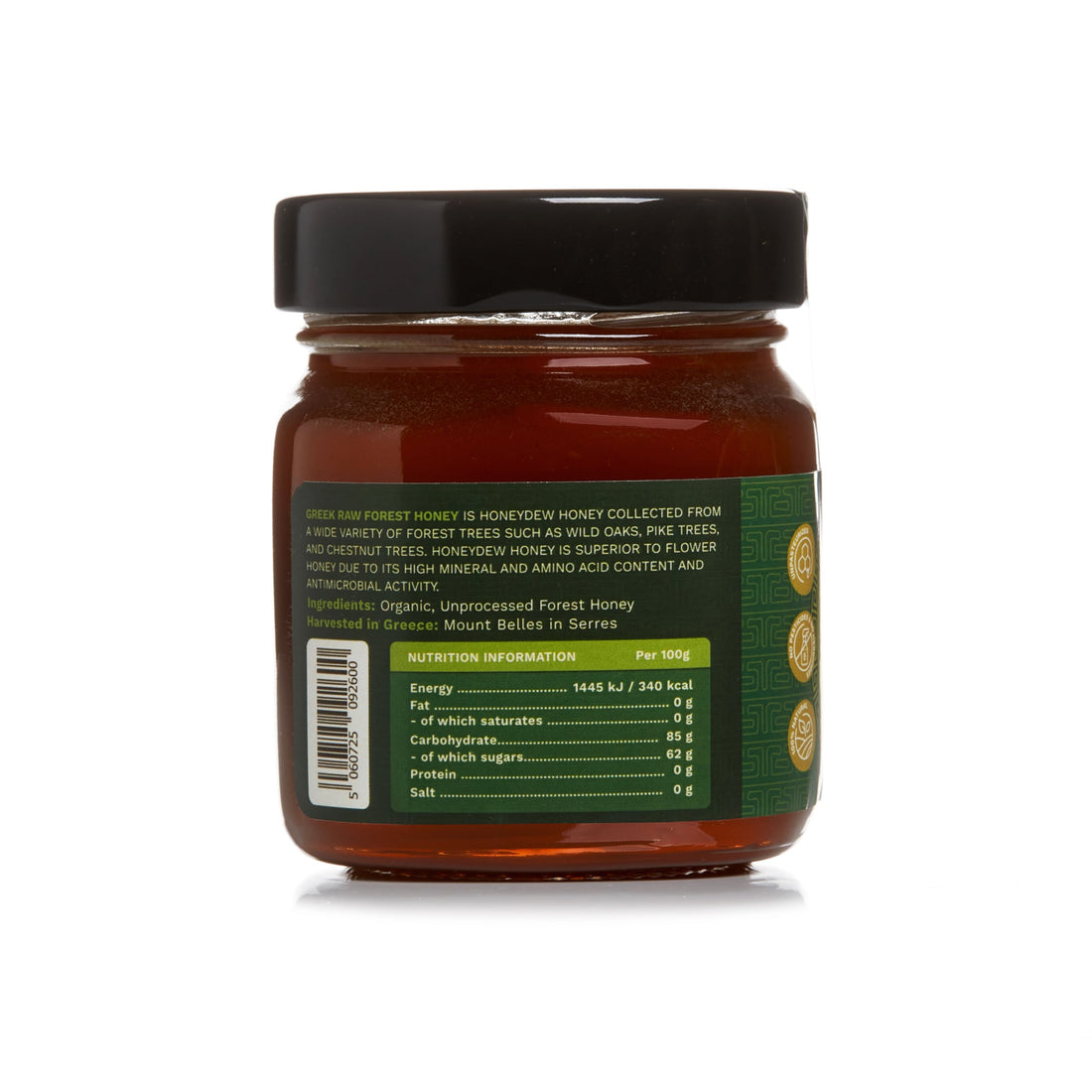 Organic Raw Greek Forest Honeydew Honey 280g, side label with ingredients and nutrition facts