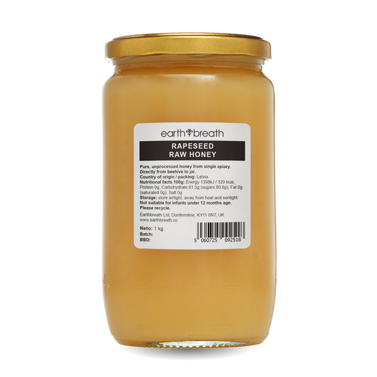 Raw Rapeseed Honey 1kg, back label – Earthbreath