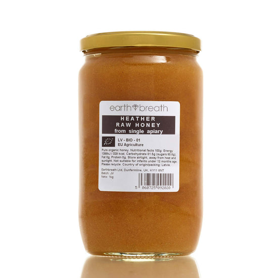 Organic Raw Creamed Heather Honey 1kg, back label – Earthbreath