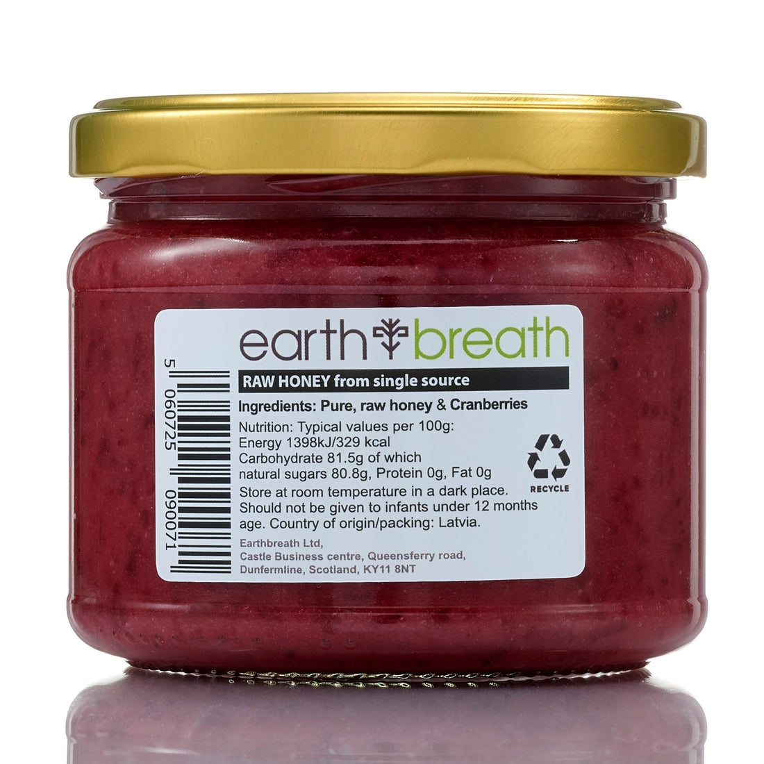 Raw Honey with Cranberries, back label with ingredients and nutrition – Earthbreath