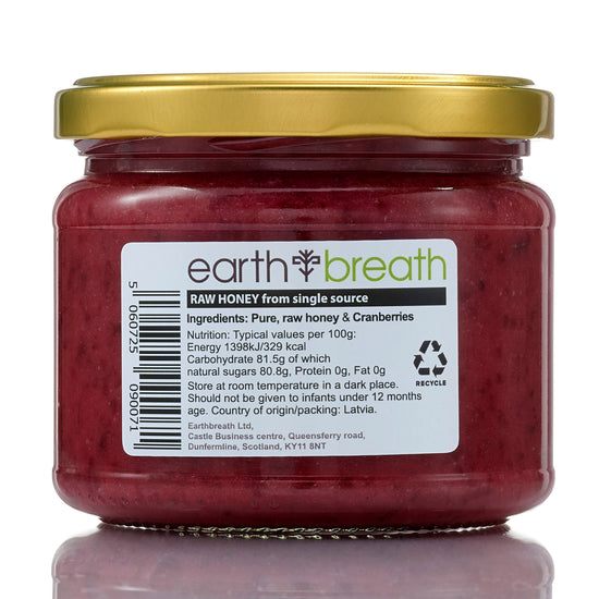 Raw Honey with Cranberries, back label with ingredients and nutrition – Earthbreath